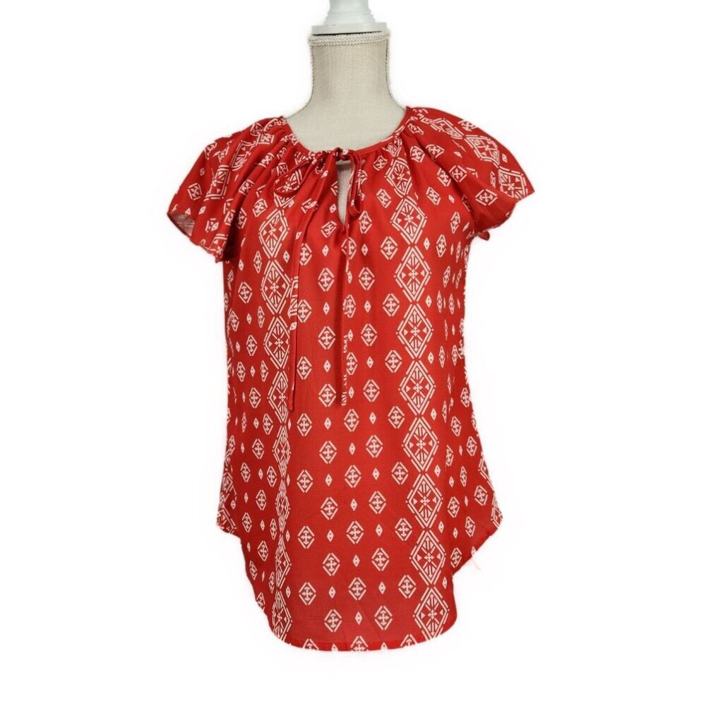 Simple Fun Flutter Sleeve Women’s Blouse M Pullover Round Neck Tie Office